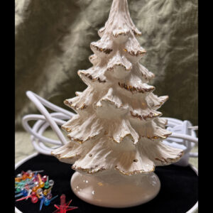 7 inch Handmade Ceramic Light up Christmas Tree in White with Gold Luster tips