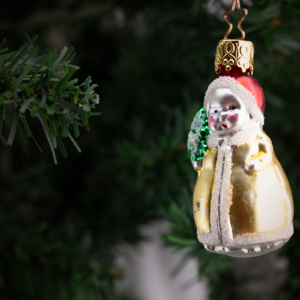 Child in Yellow Coat with Tree, Vintage Old World Glass Christmas Ornament