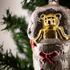 All Tucked In, Teddy Bear in a Bassinet, pink and gold, Vintage Old World Glass Christmas Ornament