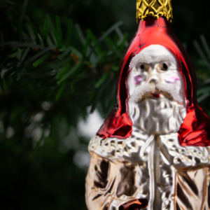 Father Christmas with red hood and brown robe, Vintage Old World Glass Christmas Ornament