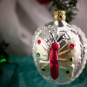 Christmas Butterfly, Silver Vintage Old World Glass Christmas Ornament