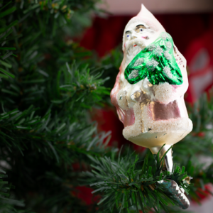 Pink CLIP-ON Santa with tree, Vintage Old World Christmas Glass Ornament