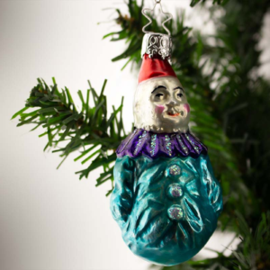 Turquoise Clown in a Red hat, Vintage Old World Glass Christmas Ornament
