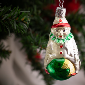 Clown on a green ball, Vintage Old World Glass Christmas Ornament