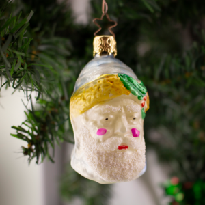 Father Christmas, Santa in a blue hat, Vintage Old World Glass Christmas Ornament