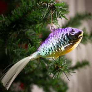 Rare,Large Purple Fish with Angel Hair Tail, Four inch, Vintage Old World Glass Christmas Ornament