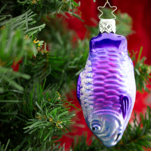 Purple Fish, with glitter belly, Vintage Old World Glass Christmas Ornament