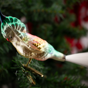 Clip on, Pink and Green, Cockatoo With Angel Hair Tail, Vintage Old World Glass Christmas Ornament