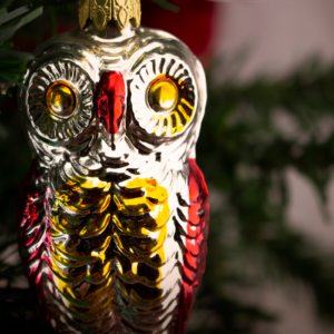 King Owl in Silver, Vintage Old World Glass Christmas Ornament