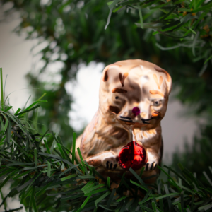 Tabby Cat with ball of red yarn, Vintage Old World Glass Christmas Ornament