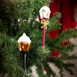Clip On Lamp Post Pair, one red and one black, Vintage Old World Glass Christmas Ornament