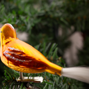 Clip on, Orange Bird with Angel Hair Tail, Vintage Old World Glass Christmas Ornament