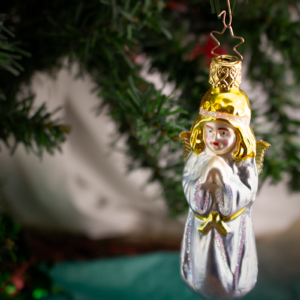 Blue Angel with paper wings, Old World Christmas glass ornament.