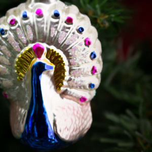 Peacock,Blue and Pink, Vintage Old World Glass Christmas Ornament