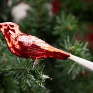 Clip on, Red Bird with Angel Hair Tail, Vintage Old World Glass Christmas Ornament