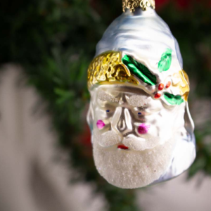 Father Christmas Head in Blue, Vintage Old World Glass Christmas Ornament