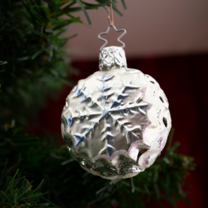 Large Snowflake Pillow, Four Inch, Silver with Blue and White Detail, Vintage Old World Glass Christmas Ornament