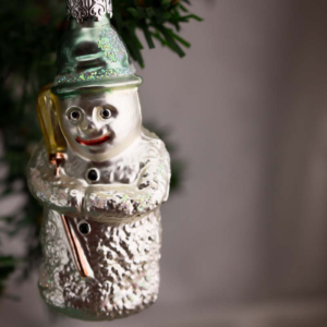 Snowman with a Green Hat and a Broom, Vintage Old World Glass Christmas Ornament