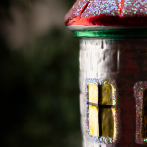 Large Tower,Castle Tower,Silver with a Red Top,Four Inch, Vintage Old World Glass Christmas Ornament