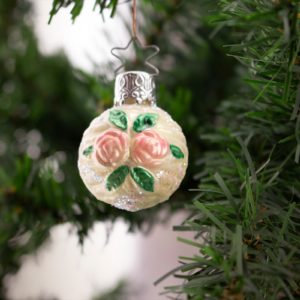 Small White ball with Pink Roses,Vintage Old World Glass Christmas Ornament