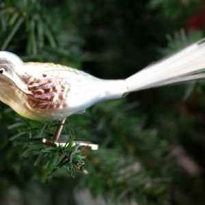 Clip on, White Bird with Brown Detail and Angel Hair Tail, Vintage Old World Glass Christmas Ornament