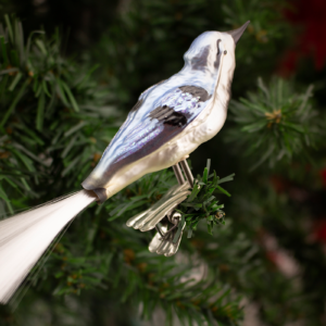 Clip on, Silver Bird, Chrome finish, with Angel Hair Tail, Vintage Old World Glass Christmas Ornament