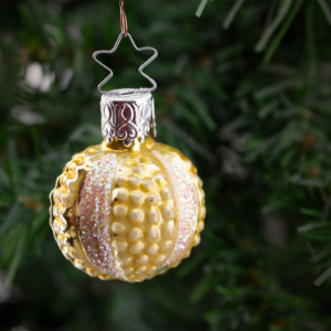 Small Yellow banded ball,  Vintage Old World Glass Christmas Ornament