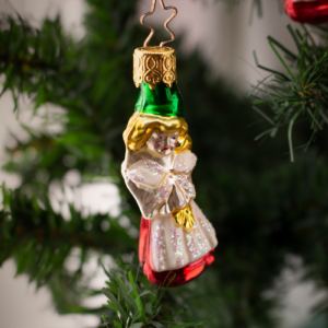 Little Tyrolean Girl, Green hat and a red dress, Vintage Old World Glass Christmas Ornament